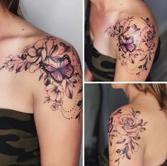 three pictures of the back of a woman's shoulder with flowers and butterflies on it