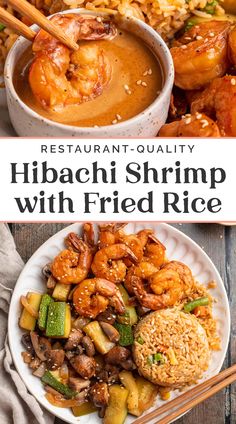 a plate with shrimp, rice and vegetables next to chopsticks