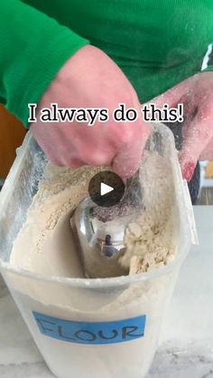 a person is mixing some food in a blender with the words flour on it