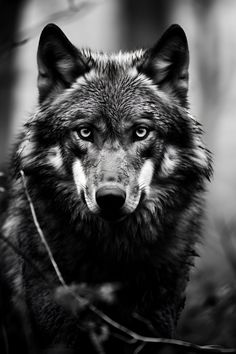 a black and white photo of a wolf looking at the camera with an intense look on his face