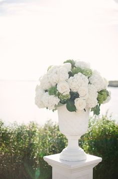 a white vase filled with lots of white flowers