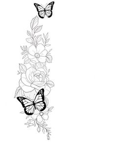 two butterflies flying over flowers and leaves on a white background with the word love written in black