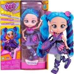 the doll has blue hair and is wearing a purple dress