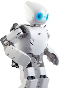 a white robot with blue eyes is standing in front of a white background and looking at the camera