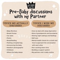 a baby announcement with the words pre - baby discussions with my partner on it