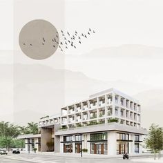 an artistic rendering of a building with birds flying over it