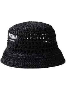 black interwoven design cut-out detailing flat crown curved narrow brim pull-on style unlined Raffia Bucket Hat, Prada Hat, Fabric Bucket, Streetwear Inspiration, Raffia Hat, Crochet Bucket, Bucket Hat Black, Crochet Bucket Hat, Lettering Logo