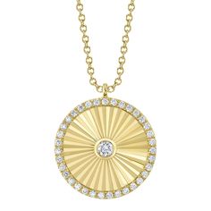 From Shy Creation, this circle pendant necklace will add delightful shine to any ensemble. Comprised of gleaming 14k yellow gold, the pendant exhibits a single twinkling round diamond with a halo of 35 smaller additional round diamonds encompassing a stunning faceted sunray display. Fastened by a lobster clasp, the chain is adjustable. The diamonds total 1/3ctw and are H in color and SI in clarity. The pendant measures 0.75 inch in length and 0.7 inch in width. The metal weight is 3.8 grams. Yellow Gold Diamond Necklace With Halo Round Cut, Yellow Gold Diamond Necklace With Halo, Diamond Coin Pendant Necklace, Yellow Gold Diamond Necklace With Halo Setting, Gold Halo Diamond Necklace With Round Cut, Gold Round Cut Halo Diamond Necklace, Gold Halo Round Cut Diamond Necklace, Yellow Gold Halo Pendant Diamond Necklace, Yellow Gold Diamond Necklace With Coin Pendant