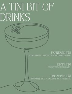 martini menu - tini - espresso martini - dirty martini Diy Martini Bar, A Tini Bit Older Dinner, Espresso Martini Party, Martini Station, Martini Party Ideas Decoration