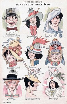 an old poster with many different hats and people's faces in spanish, from the early 20th century