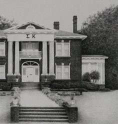 a drawing of a large brick building with steps leading up to the front door and entry way