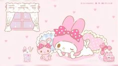 hello kitty wallpaper with an adorable bunny and her baby rabbit friend in the corner