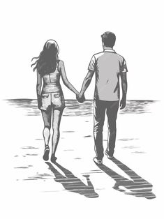 a man and woman walking down the beach holding hands