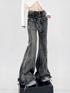 Infuse your wardrobe with a dash of rebellion with our Layered-Effect Denim Flare-Leg Jeans, complete with a grommet belt detail for that extra edge. Crafted from premium denim, these jeans are characterized by their layered look and skinny yet flared silhouette, promising to deliver both comfort and attitude. The intricate grommet belt detail not only accentuates the waist but also adds a unique, punk-inspired aesthetic that sets these jeans apart from the ordinary. Elevate your casual daywear Punk Style Fitted Wide Leg Jeans, Wide Leg Denim Jeans For Alternative Fashion, Fitted Dark Wash Punk Jeans, Fitted Punk Style Denim Jeans, Fitted Punk Jeans In Dark Wash, Punk Style Fitted Dark Wash Jeans, Punk Style Straight Leg Denim Flare Jeans, Dark Wash Flare Jeans With Belt Loops For Streetwear, Punk Style Fitted Mid-rise Jeans