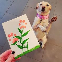 a dog is standing on its hind legs holding a card with a flower painted on it