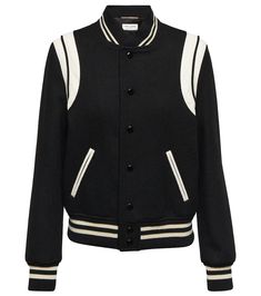 Saint Laurent - Wool-blend jacket | Mytheresa Black And White Jacket, Jackets Black, Trim Jacket, Wool Blend Jacket, Teddy Jacket, Striped Jacket, Style Streetwear, Padded Jacket, Black Wool