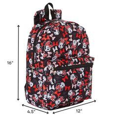 Are you a Minnie Mouse fan in middle school or highschool? This 16 inch all over print backpack featuring Minnie and her bows is perfect for you! It measures 16 x 12 x 4.5 inches when fully packed– the main compartment is very large and can fit all your folders, binders, notebooks, and more! Even your lunch bag! It also has a large front zipper pocket to keep all your school supplies and small accessories. The school bag’s straps are adjustable which allows you to grow with it, and they are padd Black Minnie Mouse Backpack For Back To School, Back To School Minnie Mouse Black Backpack, Black Mickey Mouse Backpack For Back To School, Minnie Mouse Multicolor Backpack For School, Multicolor Minnie Mouse Backpack For School, Minnie Mouse Backpack, Square Backpack, Luggage Backpack, Binders