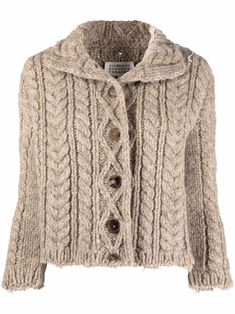 Champagne-beige chunky-knit wool cardigan from Maison Margiela featuring chunky knit, stand-up collar, front button fastening, long sleeves and raw-cut hem. | Maison Margiela Chunky-Knit Wool Cardigan Luxury Knit Outerwear For Fall, Luxury Knit Cardigan With Ribbed Cuffs, Luxury Fine Knit Outerwear, Luxury Cotton Knitted Cardigan, Luxury Textured Knit Crew Neck Cardigan, Luxury Fitted Chunky Knit Outerwear, Luxury Textured Knit Outerwear For Fall, Luxury Fitted Hand Knitted Outerwear, Luxury Hand-knitted Women's Outerwear