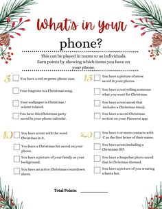 a christmas phone checklist with the words what's in your phone? on it