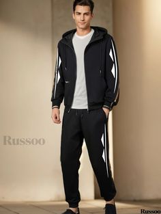 Russoo - Mens Classic Athletic Tracksuit Set: Full-Zip Sweatsuit with Long Sleeve Hoodie and Jogging Pants - Ideal for Gym, Workout, and Running Black Hooded Sportswear Set, Sporty Black Hooded Sets, Casual Black Hooded Set, Black Sportswear Sets For Winter, Tracksuit Set, Jogging Pants, Black And White Colour, Full Zip Hoodie, Gym Workout