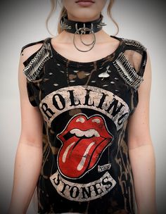 THE STITCHES Distressed Rock collection - This Rolling Stones T-shirt is a handmade bleached crop top/t-shirt made with a brand new officially licensed band shirt. - Distressed Rolling Stones crop top/shirt - Safety pin unisex hand-made crop/tee - Material: Bleached cotton Measurements: Small size (Ready to ship) M, L, XL, XXL Sizes (Made to order: 10 working days process for made to order) Width (armpit to armpit)  S : 18 Inches  M: 20 Inches L: 22 Inches XL: 24 Inches XXL: 26 Inches 3XL: 28 In Rock Style Festival Crew Neck Top, Rock Style Crew Neck Top For Festivals, Rock Style Festival Top With Crew Neck, Distressed Punk T-shirt, Distressed Rock T-shirt For Streetwear, Edgy Crew Neck Festival T-shirt, Edgy Acid Wash T-shirt For Alternative Fashion, Stonewashed Band Merch Crew Neck Top, Black Rock Style T-shirt For Festival