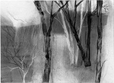 black and white drawing of trees in the snow