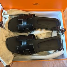 Never Worn, Only Tried On. Hermes Cypress Sandals, Hermes Sandals Black, Hermes Sandals Brown, Hermes Sandals, Hermes Oran Sandals, Brown Flats, Hermes Shoes, White Sandals, Blue Sandals