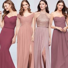 four bridesmaid dresses in different colors, one is pink and the other is brown