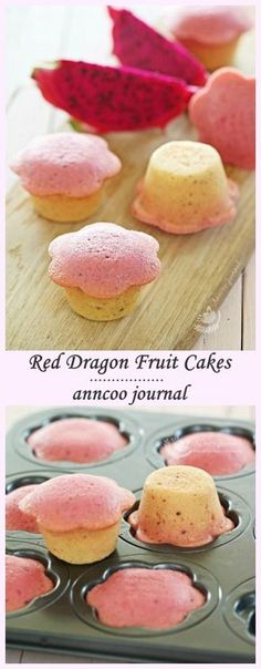 red dragon fruit cakes are in a muffin tin