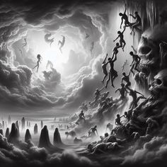 black and white painting of people jumping off rocks into the air in front of a full moon