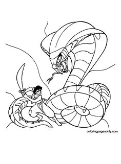 an image of a cartoon character flying through the air with a large snake on it's back