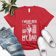 "Hi, Welcome to FashionxTee I Wear Red On Friday For My Dad Shirt, Support Our Troops, Custom Military Mom Family Red Friday Flag Shirt,Remember Everyone Deployed Shirt Our soft and comfortable shirts are printed, pressed and shipped to you from our boutique. Enjoy your shopping!🛍️  ✔️Please make sure you check our size cards before you place your order. 📏 ✔️Please send me a message for all your questions and suggestions. It is my pleasure to assist you! **Group t-shirts are not sold as a set. Red Patriotic Shirt With Letter Print, Red Patriotic Letter Print Shirt, Patriotic Red Shirt With Relaxed Fit, Patriotic Red Cotton T-shirt, Patriotic Red Tops For Memorial Day, Red Patriotic Cotton T-shirt, Red Cotton Patriotic T-shirt, Patriotic Red Relaxed Fit Shirt, Red Short Sleeve Patriotic Shirt