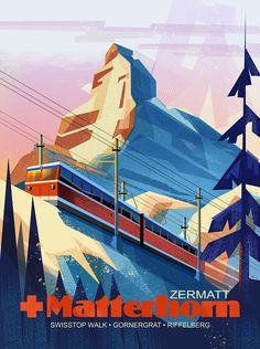 an advertisement for the swiss railway called zermatt and made in switzerland, featuring a train