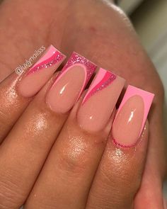 Pink Nails With Design Short, Chop Shop Nails, Pink Acyrilics Nails Designs, French Tip Acrylic Nail Ideas, Full Colour Nails, Summer Nails Medium Length, Short Nail Inspo Summer 2024 Square, Summer Nail Inspo Pink, Summer Nail Ideas Pink