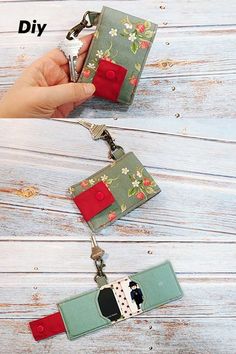 the key chain is made out of fabric and has a flower pattern on it, with two