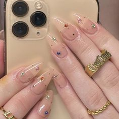 Rainbow Rhinestone Nails, Modern Almond Nails, Nails With Gems Simple, Easy Gel X Designs, Nail Jewel Design, Kali Uchis Nail Ideas, Thailand Nails, Whimsical Nail Art, Celestial Nail Art