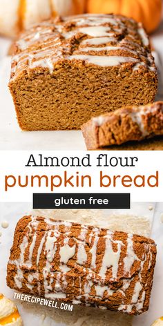 pumpkin bread with white icing on top and an orange pumpkin in the background next to it