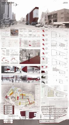 an architectural drawing shows the various sections of a building with red and white details on it