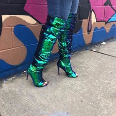 Sequin 4" Inch Peep Toe Boot Green/ Blue Fitted Round Toe Heels With Sequins, Green Boots With Round Toe For Night Out, Green Round Toe Boots For Night Out, Glamorous Fitted Open Toe Boots, Fitted Glamorous Open Toe Boots, Green Closed Toe Party Boots, Glamorous Open Toe Fitted Boots, Glamorous Fitted Green Heels, Summer Green Ankle-high Boots