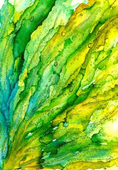 an abstract painting of green and yellow leaves