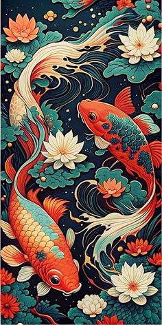 two koi fish are swimming in the water with lily pads and flowers on it