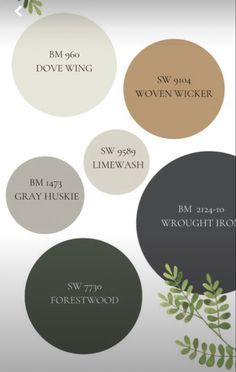 the fall inspired color palette is shown in shades of brown, green and white with leaves