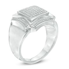 This contemporary diamond fashion ring is a mesmerizing look. Crafted in sterling silver, this bold style features a squared composite of shimmering diamonds bordered with curved ribbons of diamonds. The stepped shank lends interest to the design. Radiant with 1/3 ct. t.w. of diamonds, this comfort-fit ring is finished with a polished shine. Custom-made to fit his ring size. Sterling silver rings cannot be resized after purchase. Modern Silver Diamond Ring With Pave Setting, Elegant Silver Signet Ring With Pave Setting, Luxury Silver Diamond-shaped Rings, Luxury Diamond-shaped Silver Rings, Modern Diamond White Diamond Ring With Halo Setting, Modern Diamond-shaped Promise Ring, Modern Rectangular Diamond Ring With Single Cut Diamonds, Modern White Diamond Ring With Accents, White Gold Rectangular Diamond Ring With Polished Finish