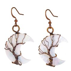 PRICES MAY VARY. White Shell Copper Wire Earring: Sea shells are polished into the shape of a half-moon, and the copper wire is wound into a tree shape wrapped around the moon to form a delicate earring pendant. The material is safe and harmless, suitable for you to wear in daily life, and can be well matched with dresses, T-shirts or any clothing. Specifications of Shell Jewelry: Total length: 1.85-1.97 in (47-50mm), Width:0.87-0.98 in (22-25mm), Thickness: 0.31-0.43 in (8-11mm); Shell length 1 Pagan Earrings, Delicate Earring, Tree Of Life Earrings, Wire Earring, Stone Accessories, Crescent Earrings, Tree Earrings, Crystal Tree, Handmade Wire Wrapped