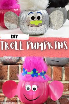 an image of trolly pumpkins made out of tinsel and glitter with text overlay that says diy trolly pumpkins