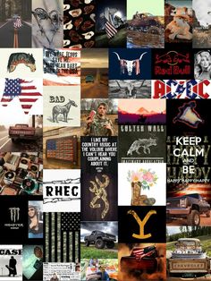 the collage is made up of many different pictures and words, including an american flag