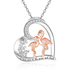 PRICES MAY VARY. Flamingo Necklace for Women: Two flamingos stand opposite each other, and the tree next to them is lifelike, reminiscent of nature. Flamingos are free, elegant and beautiful, symbolizing unchanging feelings. Wearing this uniquely designed flamingo heart pendant necklace will bring you unchanging feelings 925 Sterling Silver Necklace: The flamingo necklace features zirconium on the love heart and pink flamingo for a sparkly and stylish look. Engraving 'I love you to the moon and Flamingo Heart, Flamingo Necklace, Flamingo Gifts, Pink Flamingo, Engraved Necklace, Christmas Gifts For Women, Pink Flamingos, Design Concept, To The Moon