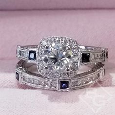 Kirk Kara "Carmella" Cushion Halo Baguette Station Blue Sapphire Diamo Sapphire Diamond Wedding Band, Sapphire Diamond Engagement Ring, Diamond Sapphire Engagement Ring, Sapphire Diamond Engagement, Cushion Halo, Jewelry Appraisal, Blue Sapphire Diamond, Diamond Wedding Band, Princess Cut Diamonds