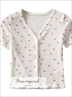 Cherry  Print Short Sleeve Center Buttoned Womens V Neck Ribbed top Cherry Pattern Clothes, Trendy Plaid V-neck Top, Cherry Top Outfit, Cherry Clothing, Cherry Clothes, Tops With Buttons, Cherry Blouse, Preppy Chic Outfits, Cherry Shirt