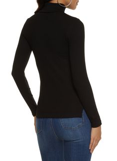 Ambiance, Long Sleeves, Turtleneck, T-Shirt, Solid, Ribbed Knit, Item Number 3014054267937 Black Turtleneck Top With Ribbed Neckline, Black Tops With Ribbed Neckline For Work, Black Tops With Ribbed Neckline, Black Stretch Cotton Knit Top, Black Fine Knit Fitted Top, Black Stretch Fine Knit Tops, Turtleneck Long Sleeve, Womens Basic, Item Number